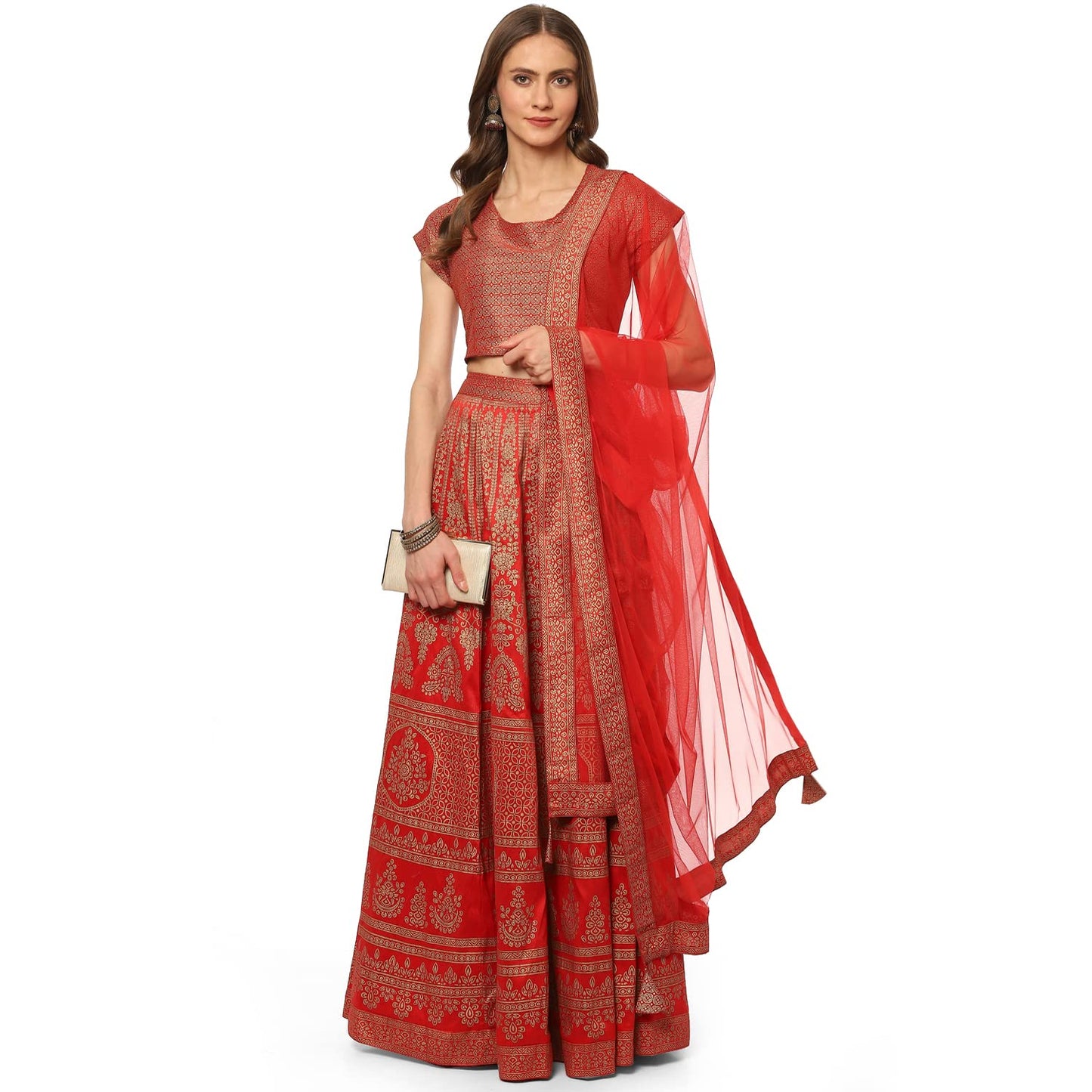 BIBA Women's Tomato Red Art Silk Readymade Lehenga Choli Set