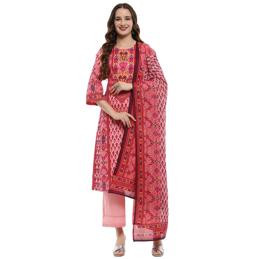 BIBA Women's Pink Cotton Straight Suit Set (SKDUZBEK9875AW24PNK
