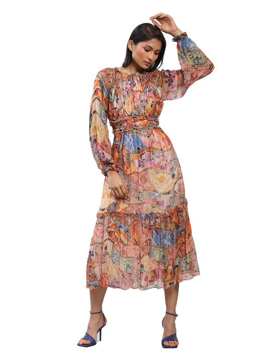 Label RITU KUMAR Round Neck Full Sleeves Long Dress Multicolour