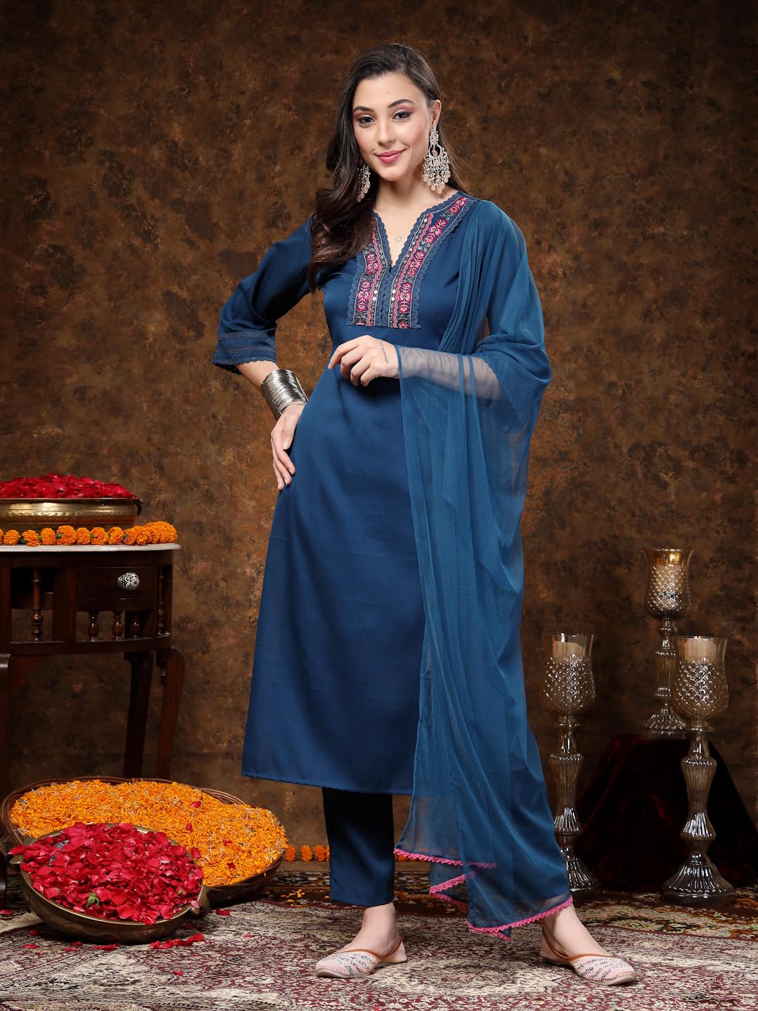 Stylum Women's Teal Solid & Embroidered Italian Crush Straight Kurta Pant Dupatta Set