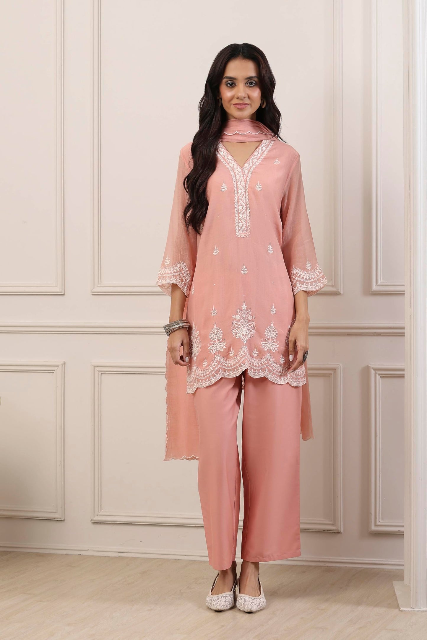 Biba Women Peach Silk Chanderi Straight Suit Set_38