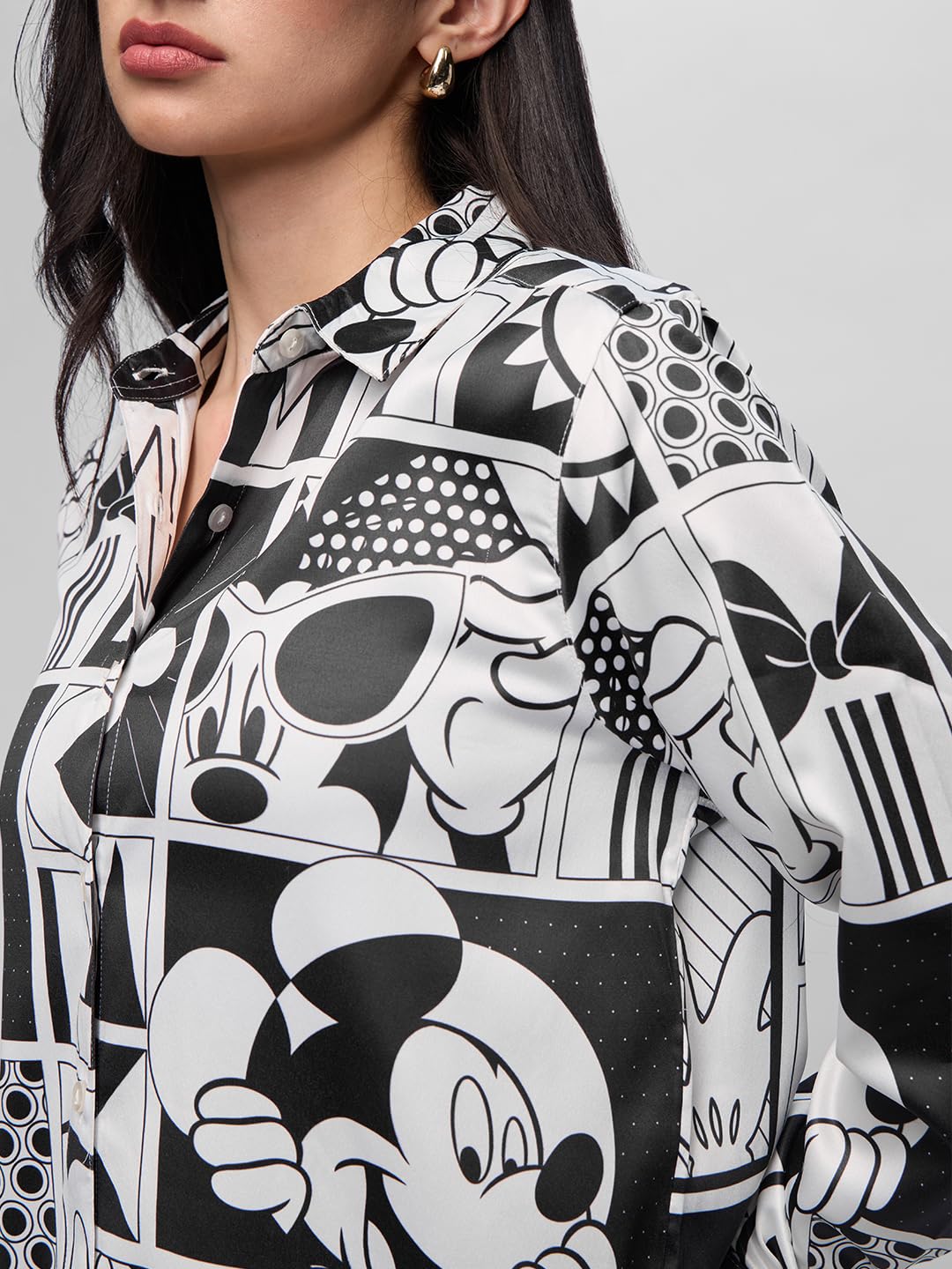 The Souled Store Official Mickey Mouse: Checkered Charm Women and Girls Long Sleeve Collared Neck All Over Print Button Front Regular Fit Shirts Multicolour
