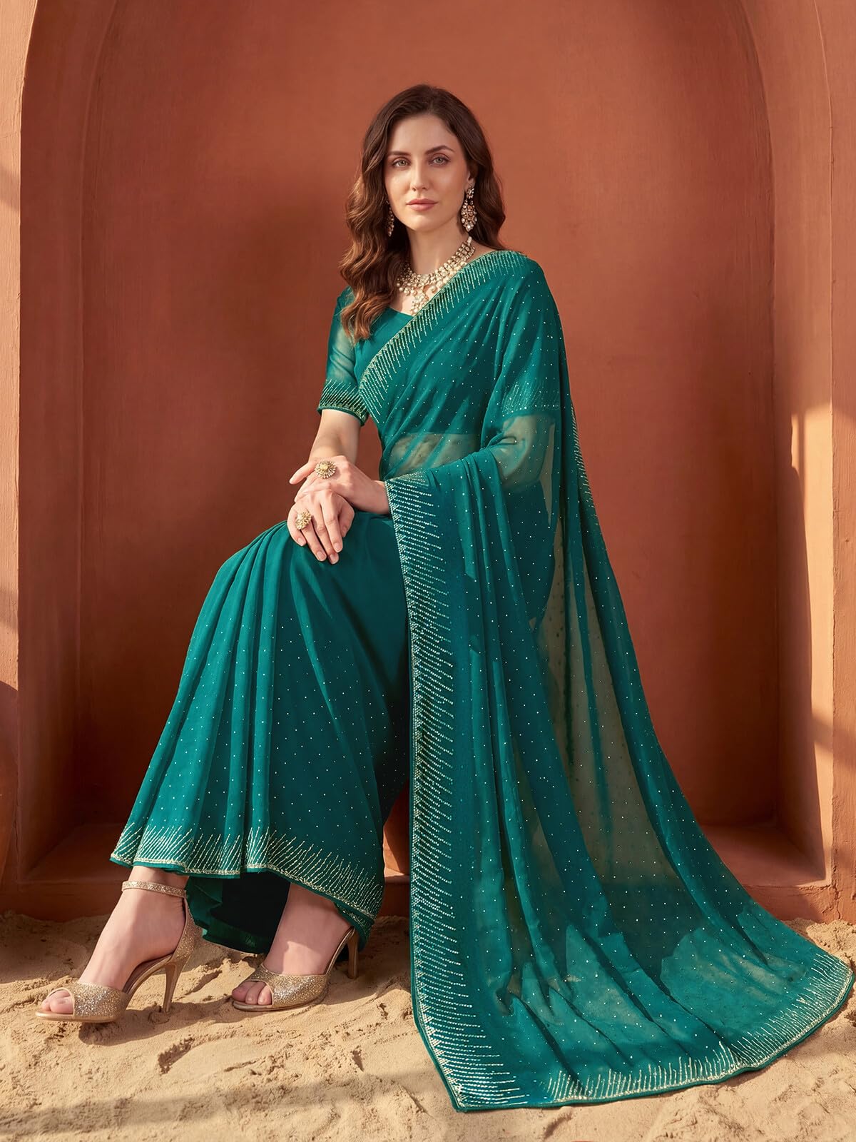 SIRIL Women's Georgette Stone Work Saree with Unstitched Blouse Piece (4998S963A_Teal Blue)