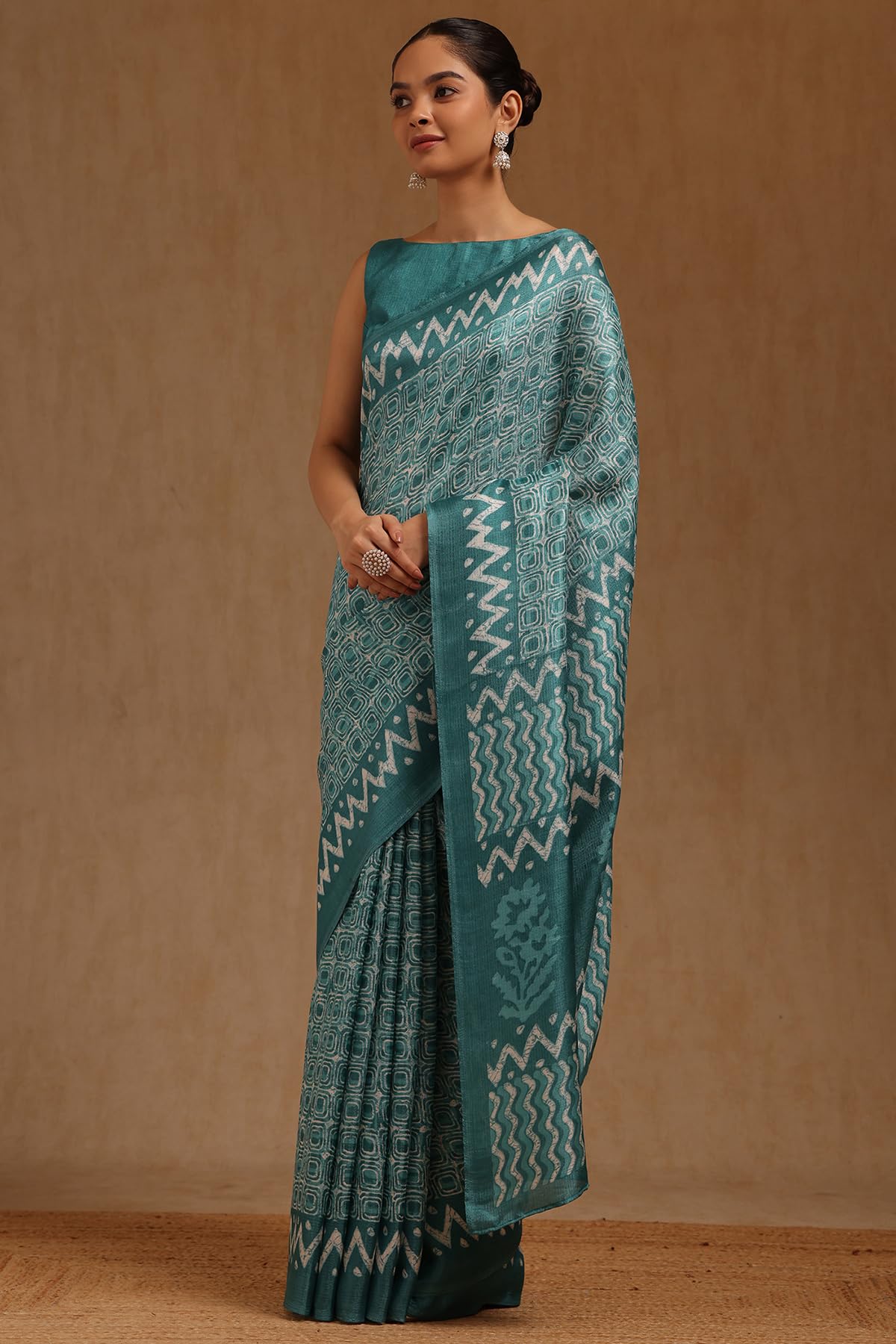 Soch Womens Turquoise Blue Art Silk Geometric Print Saree