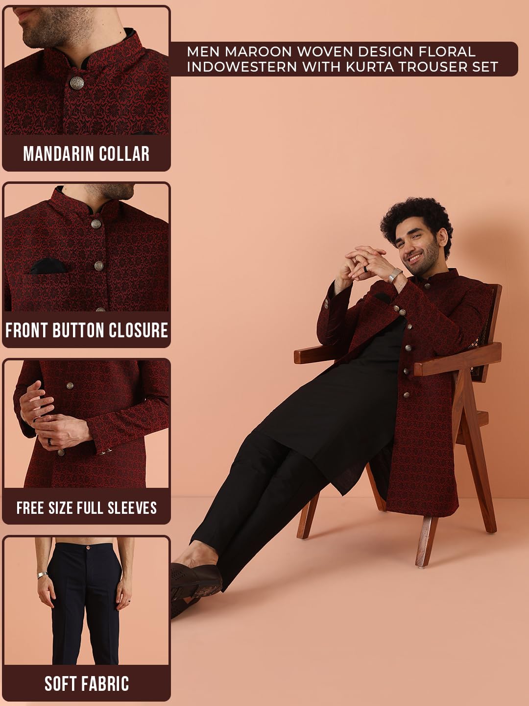 KISAH Sherwani Set for Men – Silk Blend Jacquard Indo Western Sherwani with Kurta and Trouser | Designer Ethnic Outfit for Weddings & Festivals, Maroon, 38