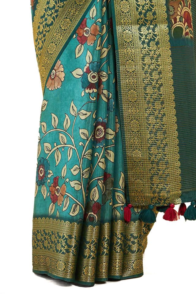 Soch Womens Turquoise Blue Crepe Saree With Floral Kalamkari Print And Zari Borders