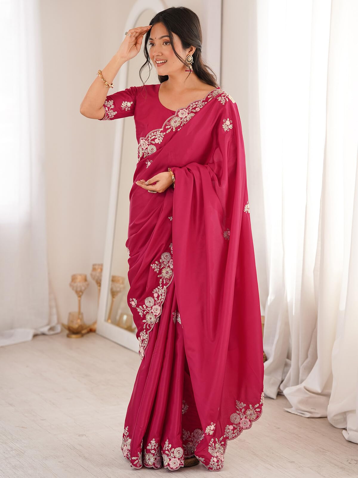 SIRIL Women's Crepe Silk Scalloped Border Sequin Embroidery Saree with Unstitched Blouse Piece (5301S7421_Cherry Red)
