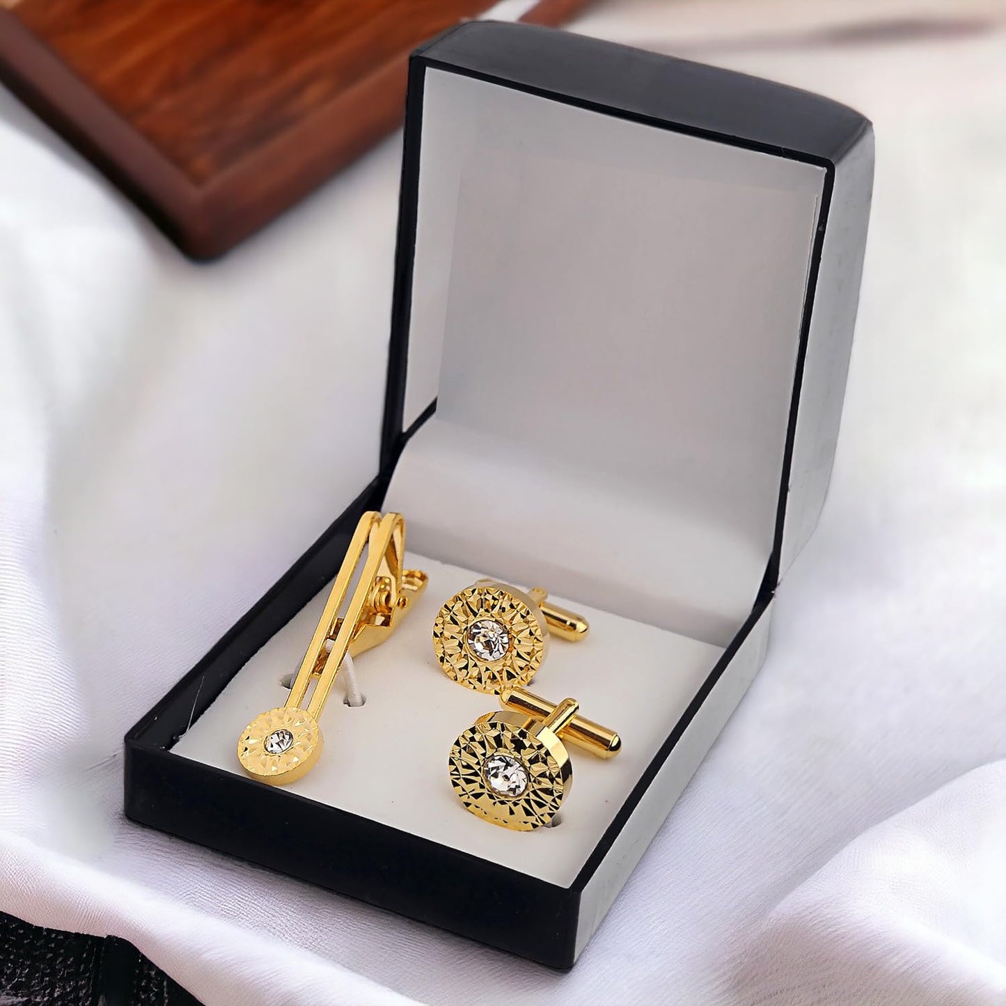 Lucky Jewellery Unique Men Jewelry White Color Stone Gold Plated Sleeve Button Formal Cuff Button Wedding Shirt Button, Suit, Blazer Cufflinks with Matching Tie Pin Gift Set For Men (245-M4C5-DCM38-W)