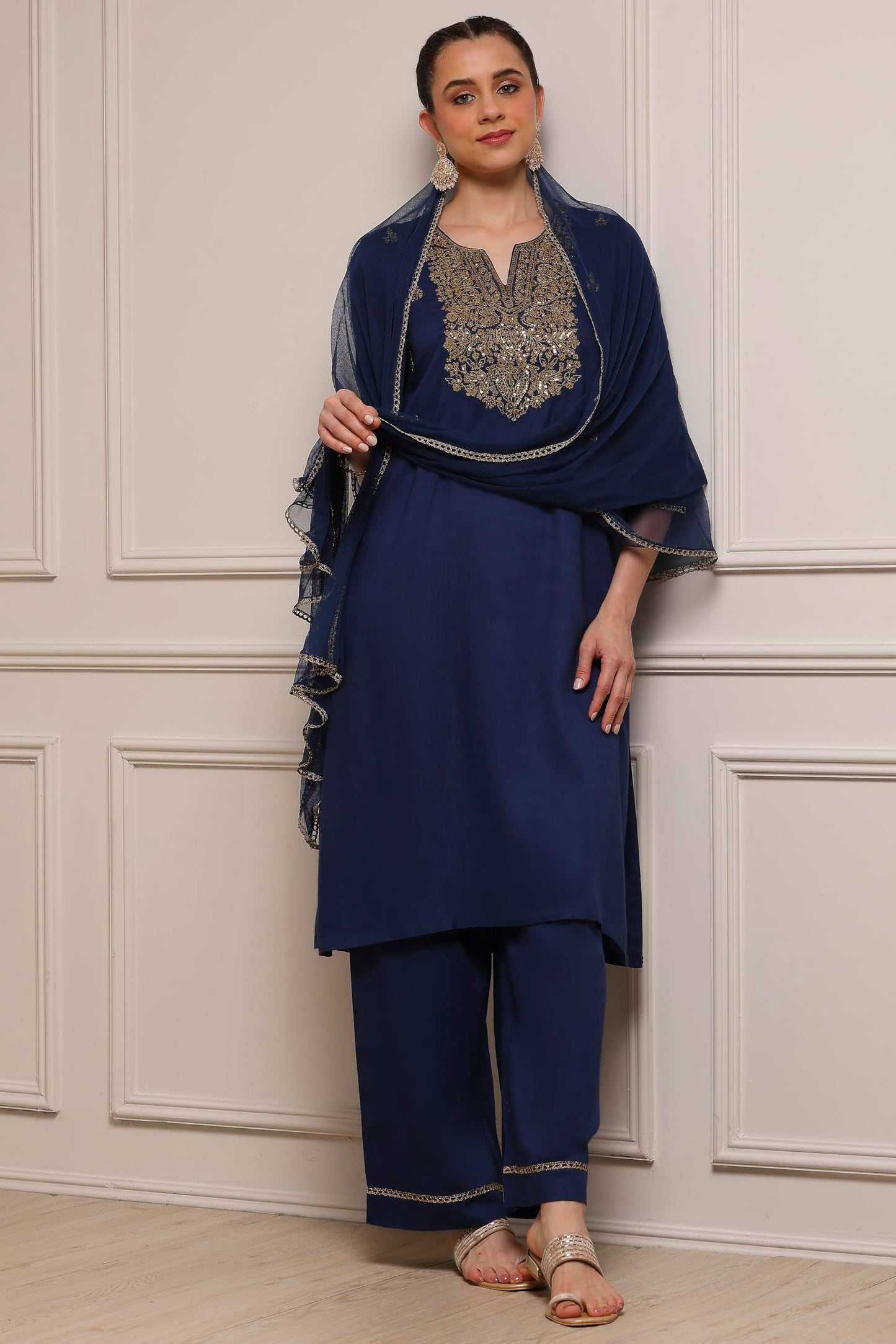 Biba Women Blue Viscose Rayon Straight Solid Suit Set_40