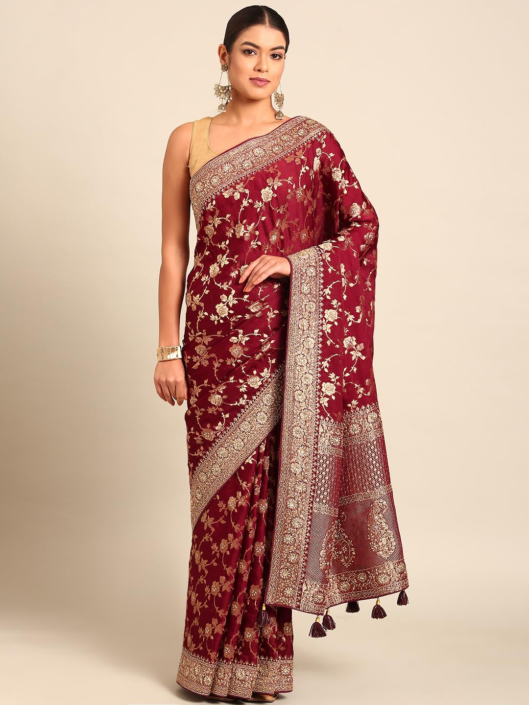 MOHEY Wine Satin Zari Weave |Stone Work Saree for Women