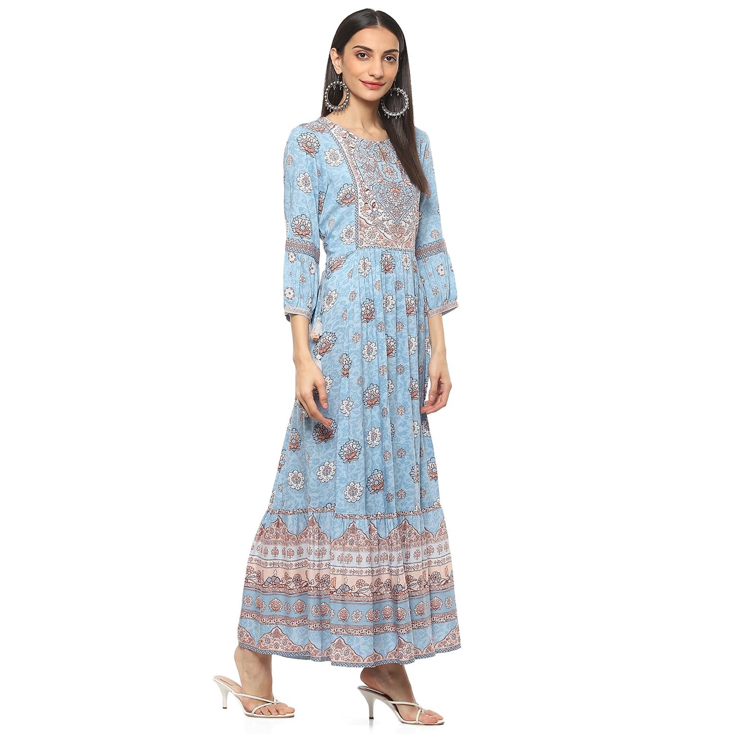 BIBA Women's Printed Tired Straight, Ankle Length Dress Mix and Match (Ribayat Collection2344_Sky Blue_32)