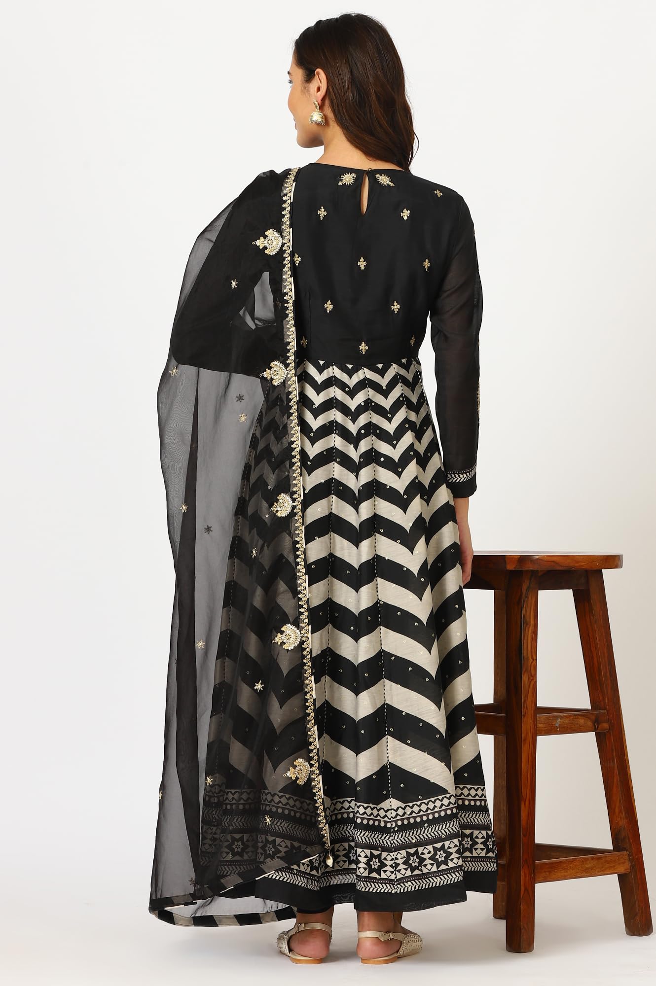 W for Woman Black Chevron Printed Embroidered Chanderi Anarkali Kurta, Tights and Duptta Set (Size: XXL)-24AUSP11666-124621
