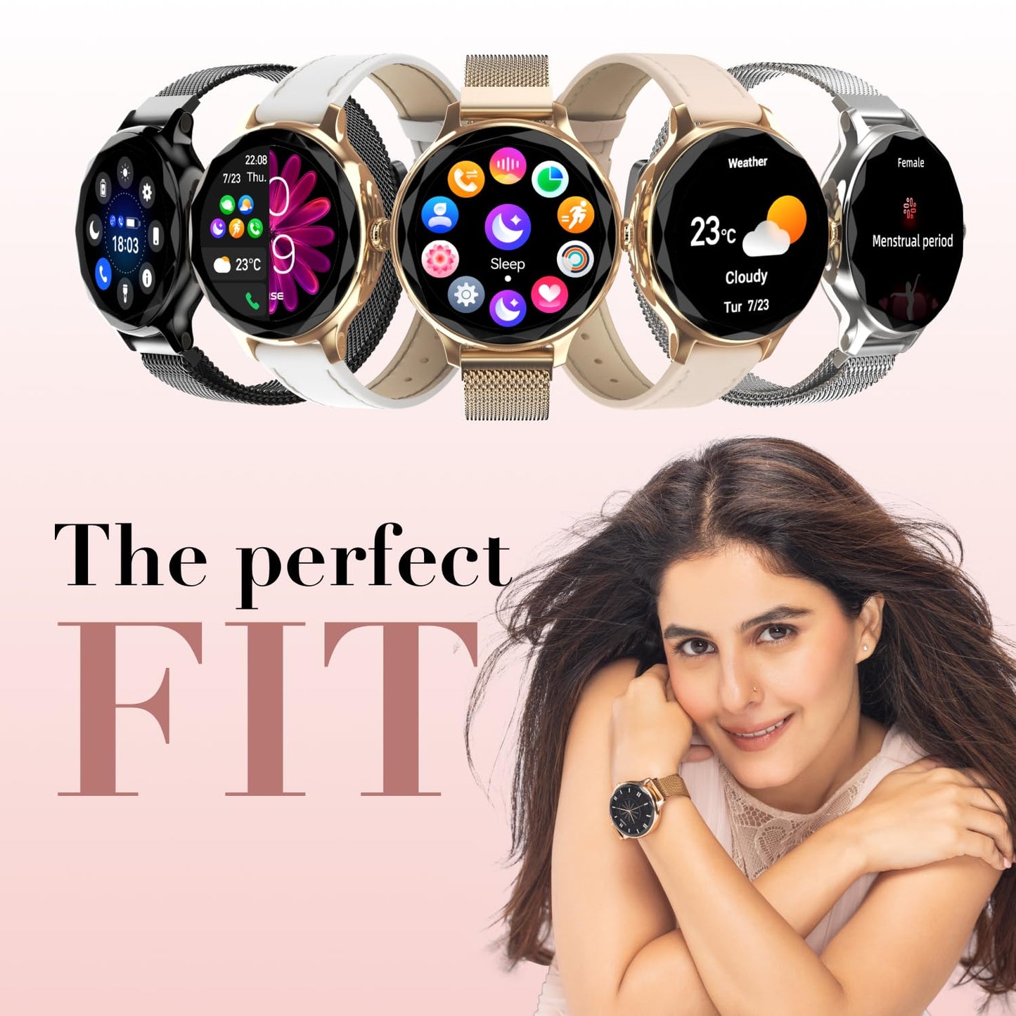 Noise Diva Smartwatch with Diamond Cut dial, Glossy Metallic Finish, AMOLED Display, Mesh Metal and Leather Strap Options, 100+ Watch Faces, Female Cycle Tracker Smart Watch for Women (Gold Link)