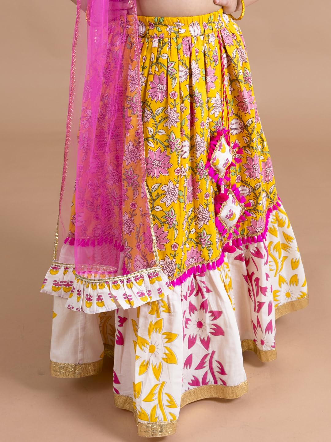 Pspeaches Girls Cotton Yellow White Printed Ready To Wear Readymade Lehenga Set Blouse With Dupatta (Yellow-7-8Y), 7-8 Years