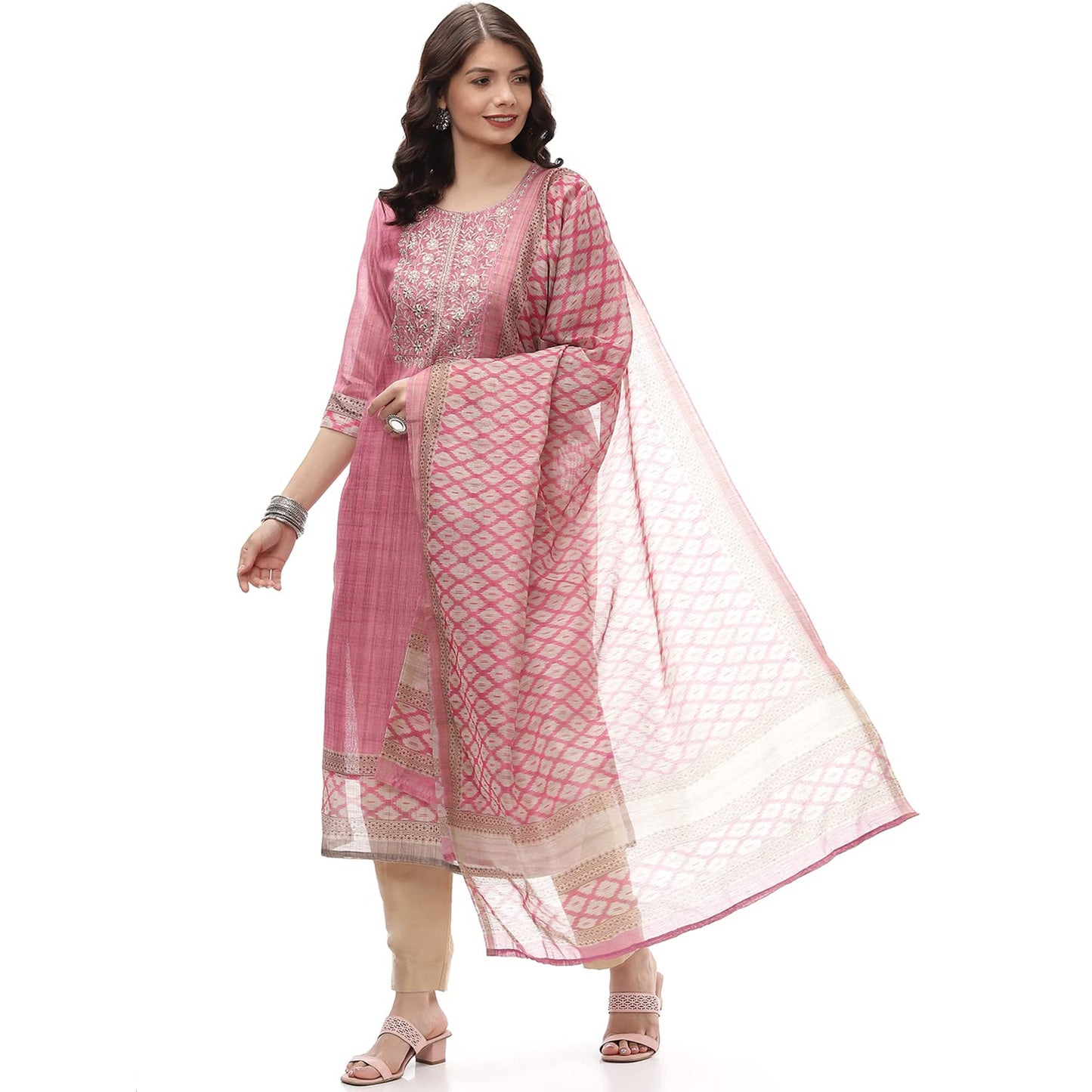 BIBA Women's Pink Chanderi Hand Embroidered Unstitched Suit Set