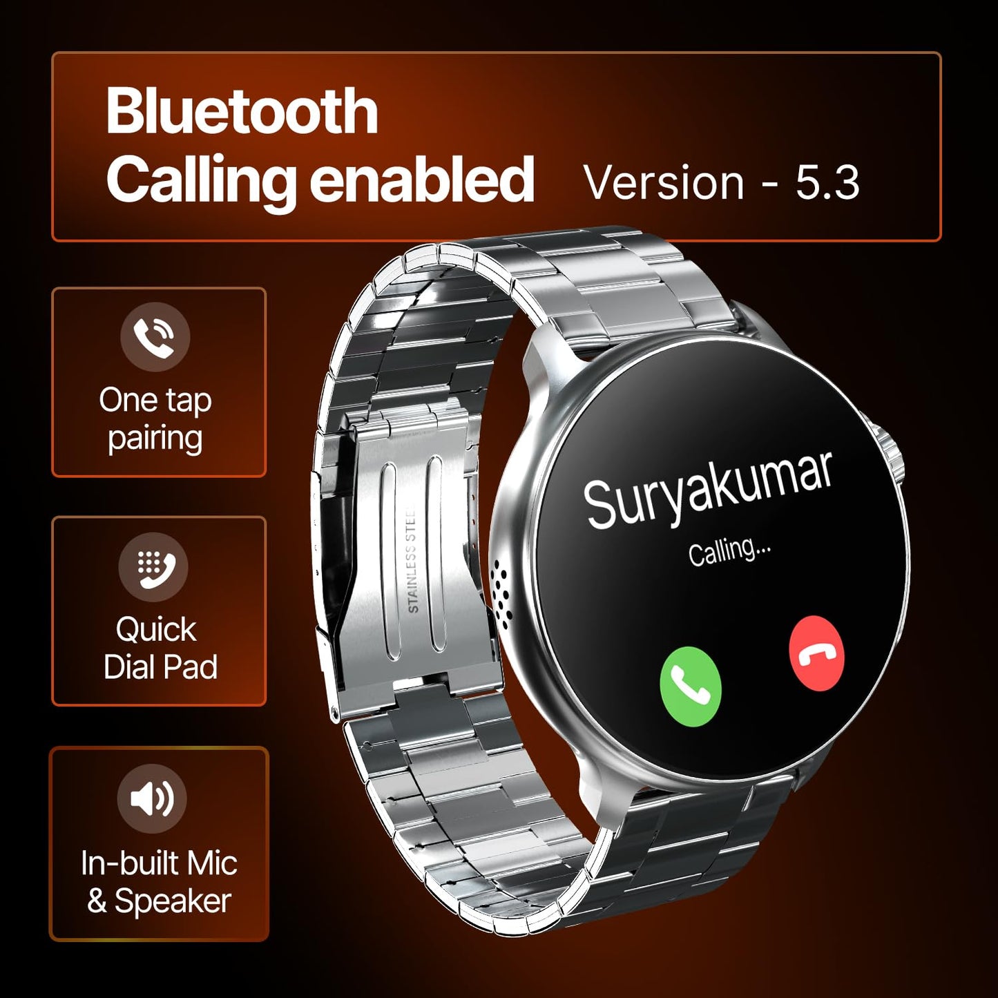 CrossBeats Aura Round 1.46" Super AMOLED Metal Smart Watch, Always On, Advanced AI ENC Bluetooth Calling, in-Built Games, Fast Charge, Rotating Crown, 123+ Sports Modes, 454 × 454 Pixel