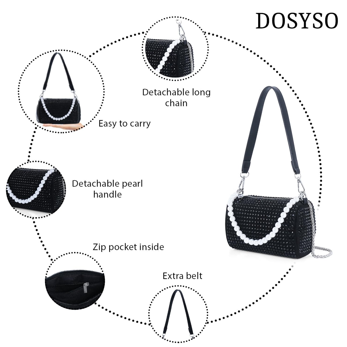 DOSYSO Rhinestone Crossbody sling Bag with Chain strap side Bag Evening Clutch Pearl Handle Designer Handbags for Women Stylish Latest Girls Glitter Ladies Purse for Party Wedding (BLACK)