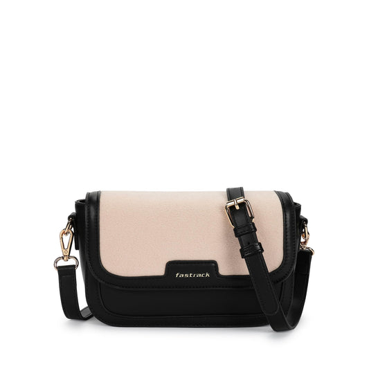 Fastrack Sherpa-Panel Sling Bag for Women | Faux Leather Crossbody with Zipper Closure, Gold Hardware and Detachable Strap | Compact Textured Bag for Casual and Evening Outfits