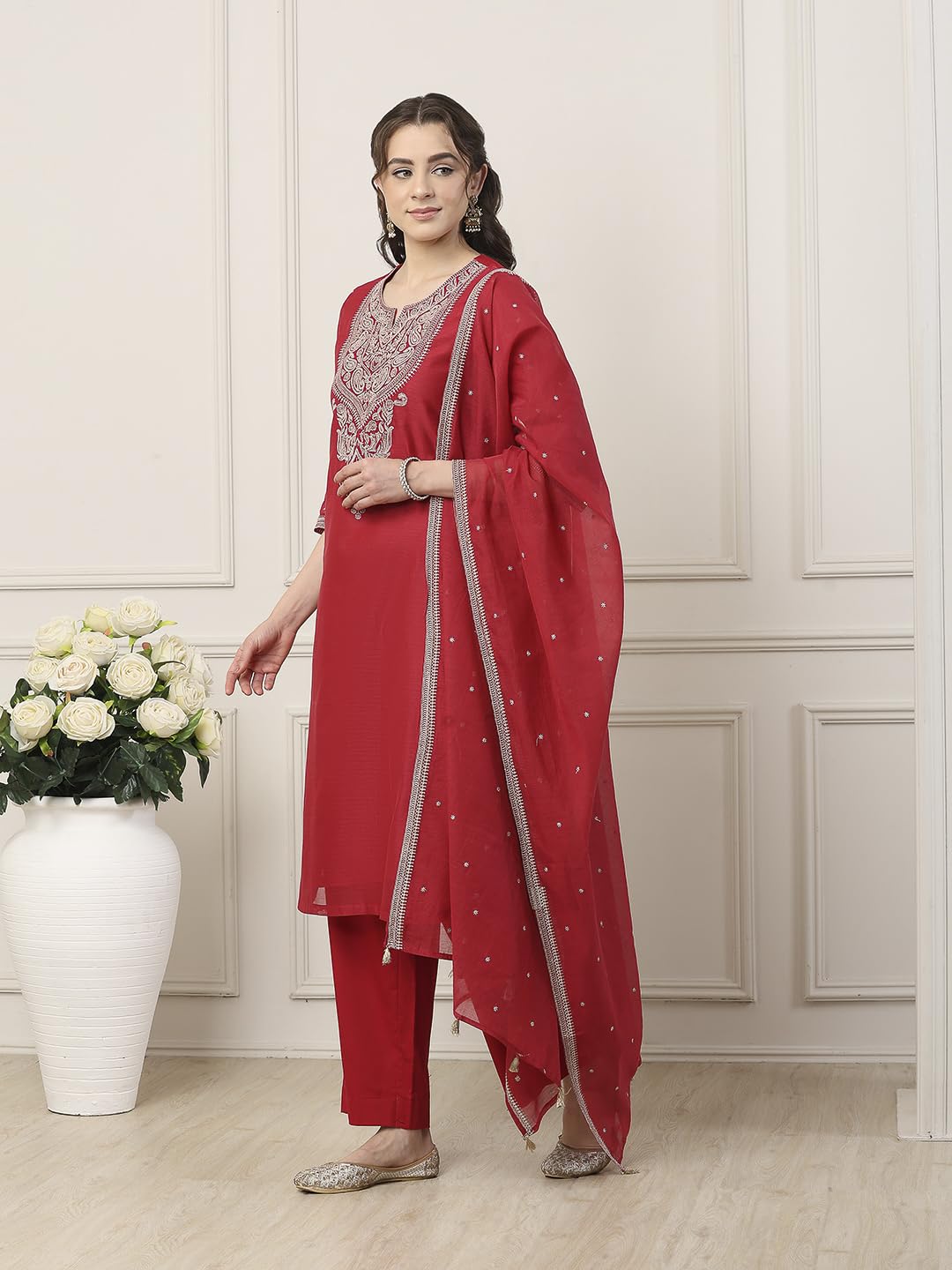 Biba Women Red Poly Chanderi Straight Suit Set_32