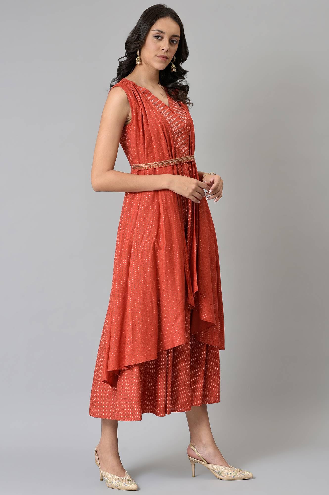 W for Woman Red Gilet Kimono Jumpsuit With Embellished Belt