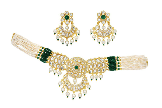 Mivanaa Timeless Royalty Green Emerald Polki Kundan Jewellery Set for Women | Traditional Bridal Necklace Set with Earrings & Maang Tikka | Indian Wedding Ethnic Jewellery Set