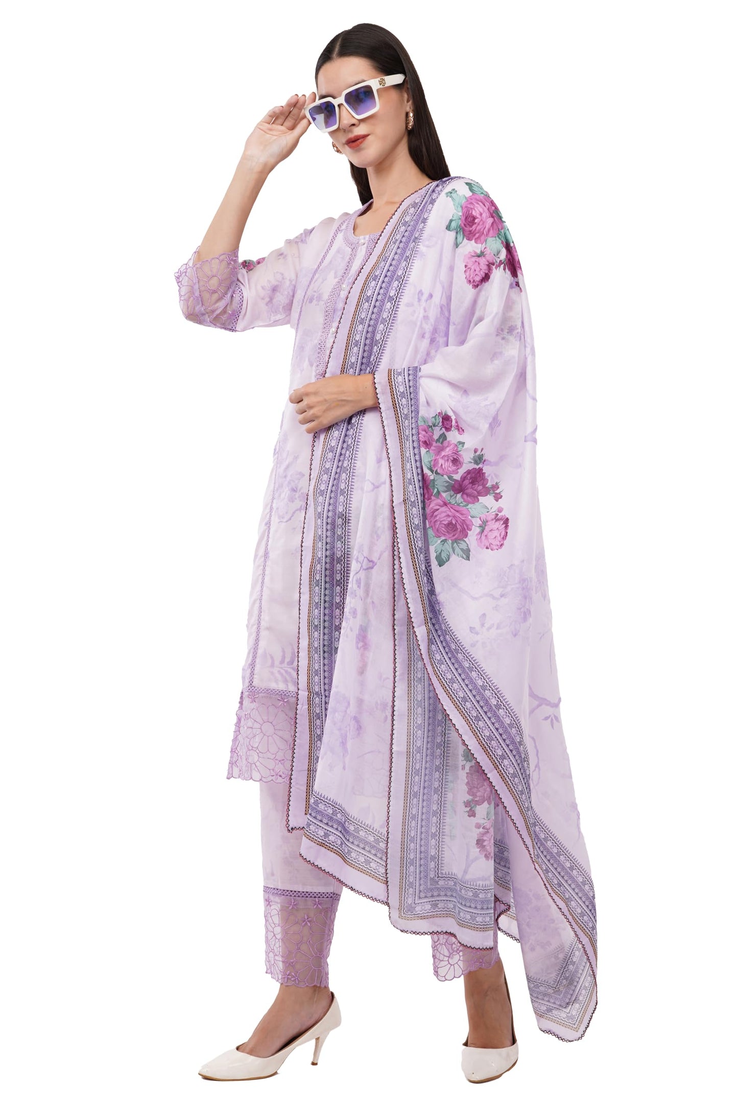 dhartii Lavender Suit Set for Women | Breathable Soft Cotton fabric for Effortless Comfort | 3- Piece Floral Printed Dress with Stylish Sheer Detailing | Elegant Ethnic Wear with a Relaxed Fit |