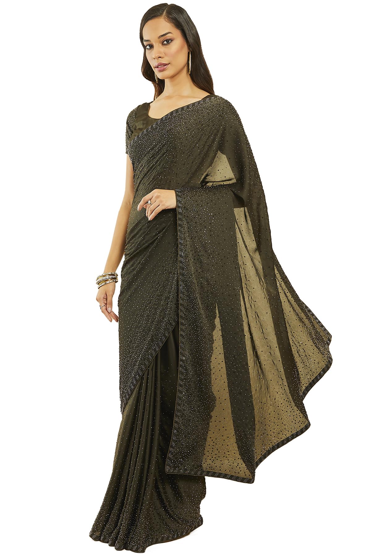 Soch Women Dark Green Pure Crepe Solid Saree