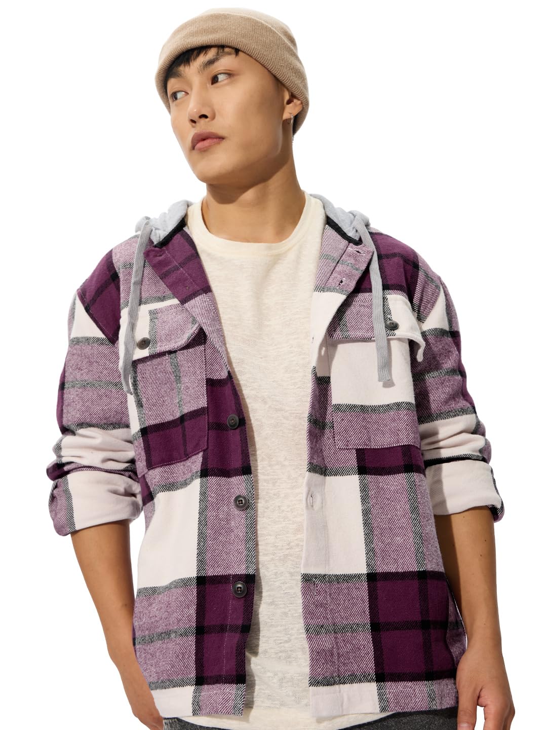 The Souled Store Plaid Hooded Shacket: Mauve Mist Men and Boys Long Sleeves Hooded Neck Button Front Cotton Oversized Shackets