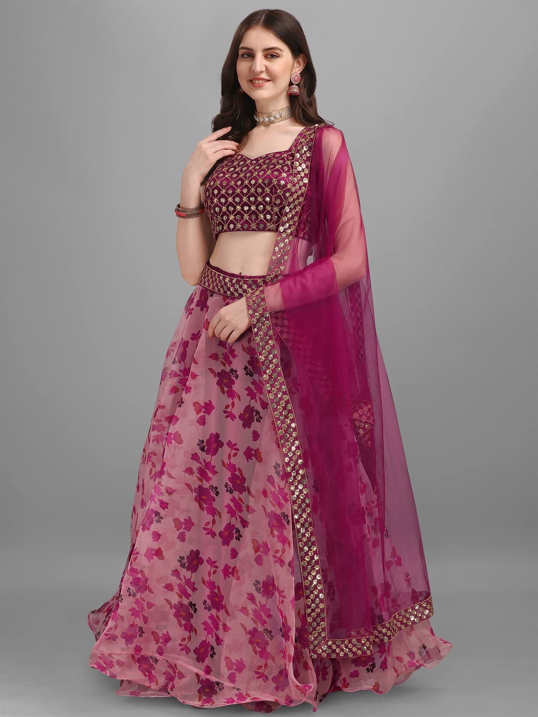 Fashion Basket Women's Floral Organza Semi Stitched Pink Lehenga Choli