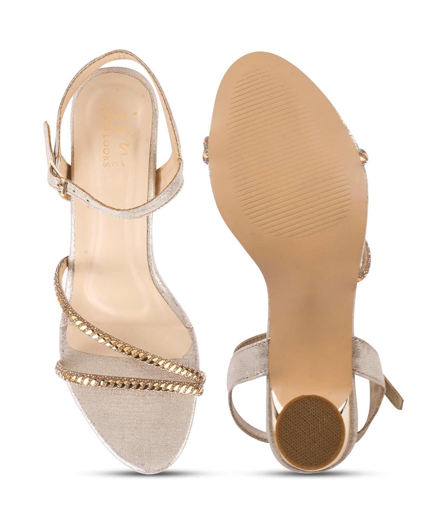 JM LOOKS Women's & Girls Kitten Heel Elegant Dual Strappy Heel Sandal Ankle Buckle with Embellished Rhinestone Upper for Wedding, Party, Casual, Office - Golden