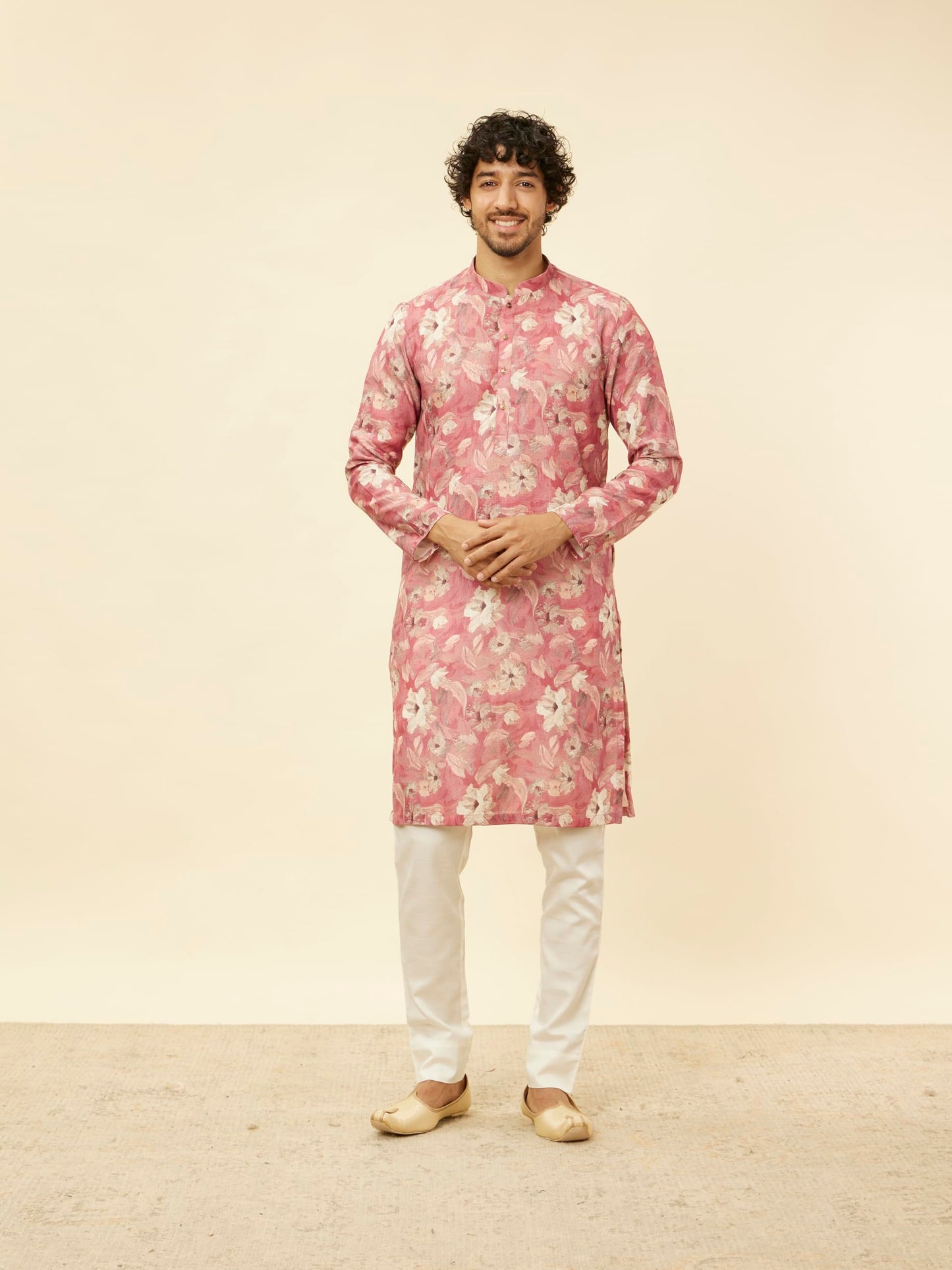 Manyavar Men's Coral Pink Floral Printed Kurta (L)