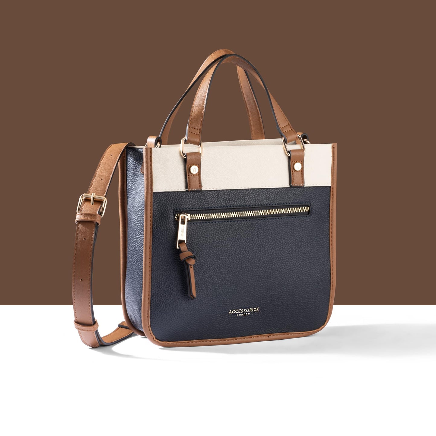 Accessorize London Women's Navy Blue Mini Colour Block Handheld Satchel Bag with Detachable and Adjustable strap | Satchel Bag for Work | Ladies purse | Stylish Shoulder Bag | Gift For Women