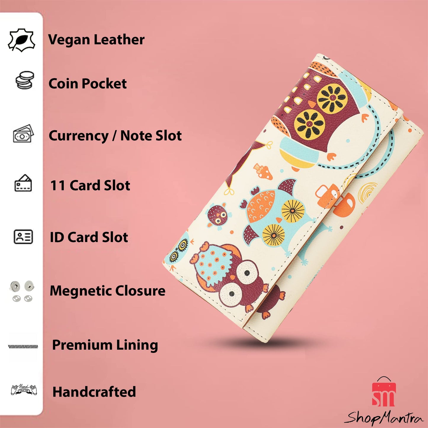 ShopMantra Wallet for Woman | Cute Owl Print Faux Leather Purse for Girls | Stylish Trifold Clutch with Card Slots & Coin Pocket