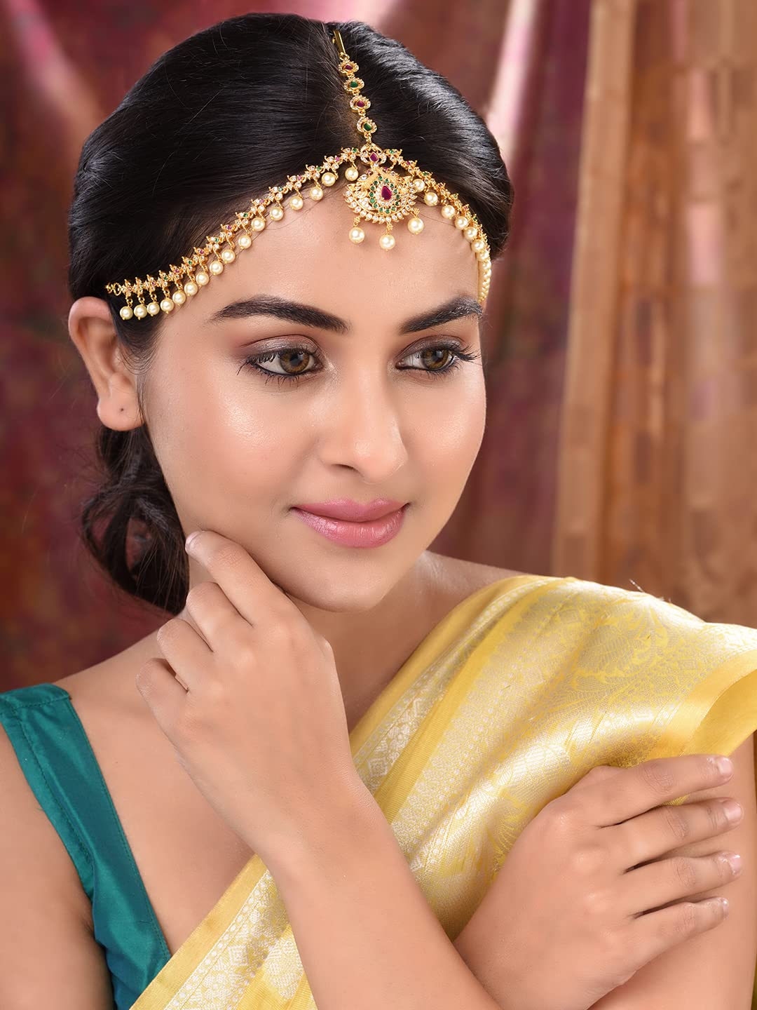 Saraf RS Jewellery- AD Studded Beaded Bridal Matha Patti With Maangtika