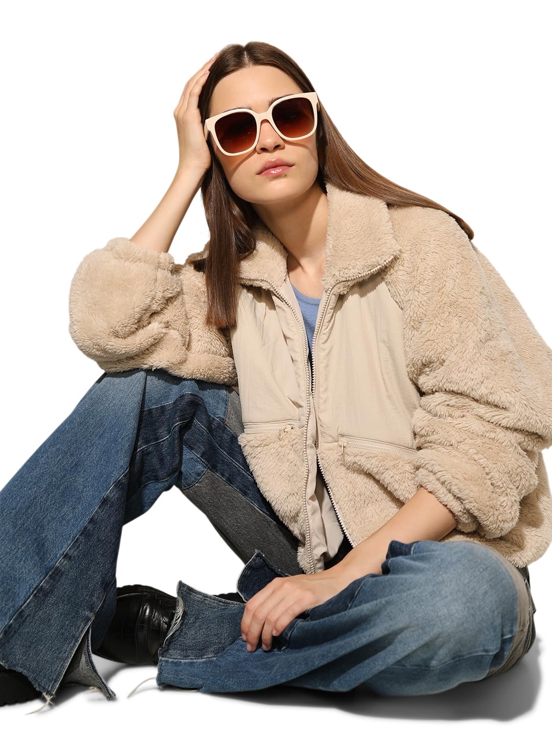 ONLY Women's Solid Loose Fit Beige Jacket