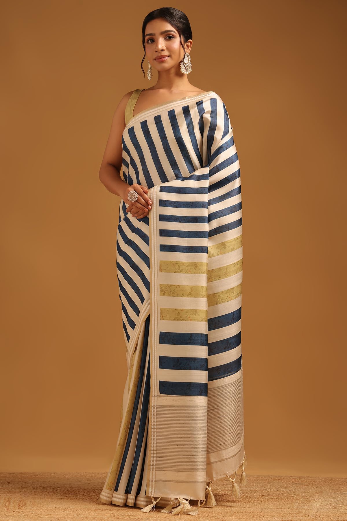 Soch Womens Cream Tussar Striped Saree