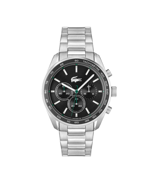 Lacoste Boston Qtz Fashion Chrono Black Round Dial Men's Watch|Stainless Steel Material|Silver Color Band - 2011347
