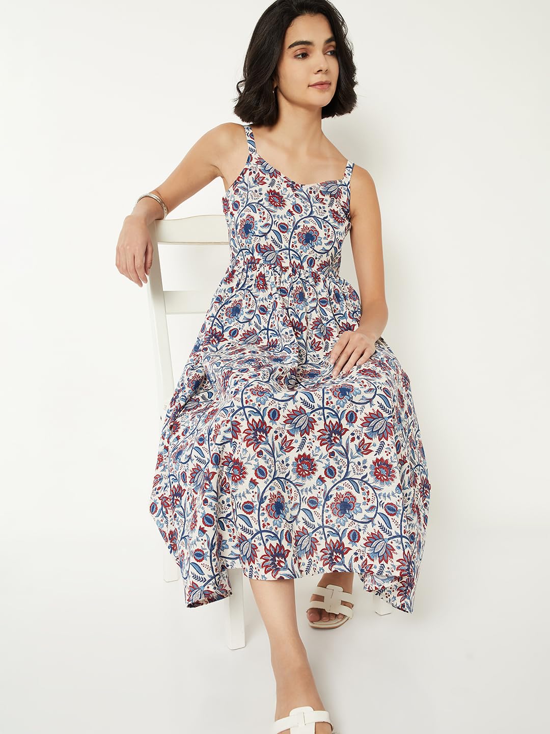 Max Women Floral Print A-line Midi Dress (White_L)