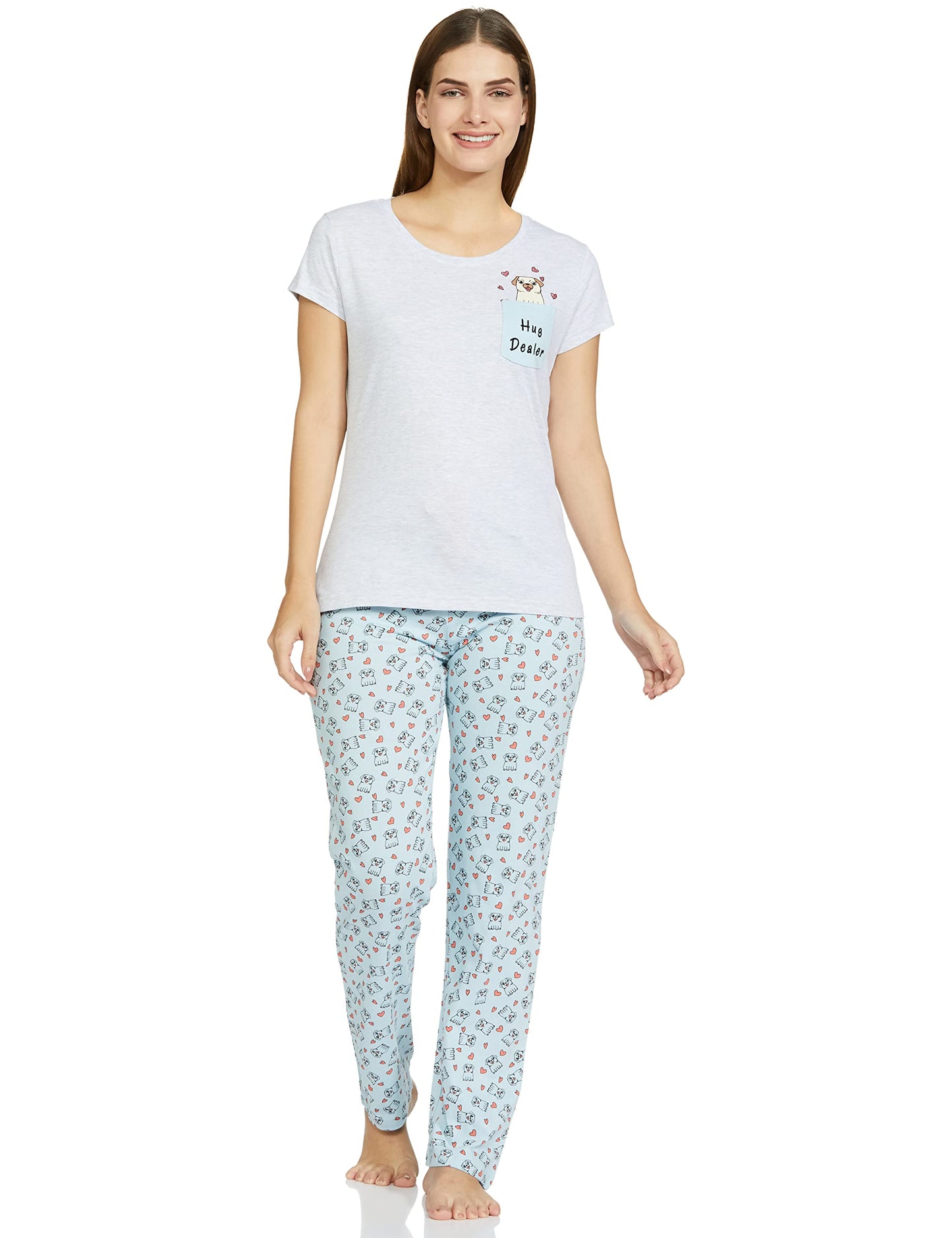 Max Women Printed Round Neck T-Shirt with Elasticated Pyjama,Grey Melange,M