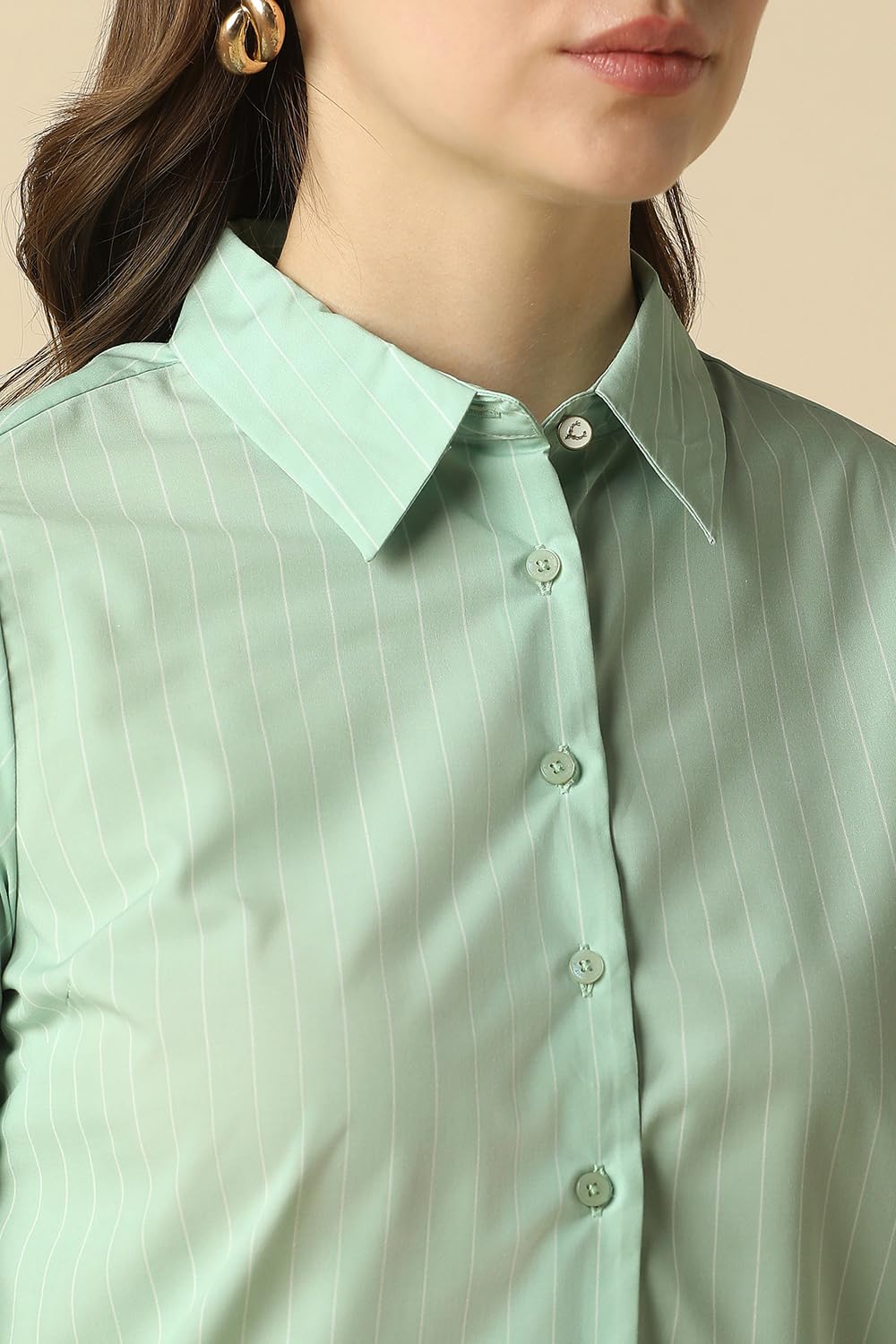 Women Green Stripe Long Sleeves Shirt