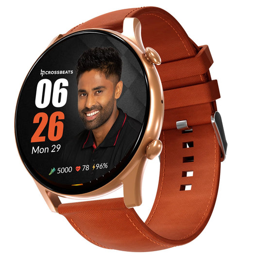 CrossBeats Apex Regal 1.43" Super AMOLED Always On Display Smart Watch with Bluetooth Calling, Metal Body, Fast Charge, 466×466 Pixel 3D Glass, AOD Display (Leather Strap -Brown)