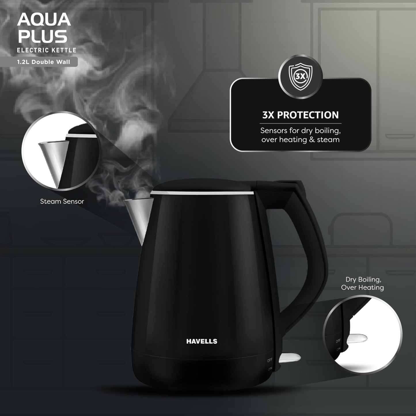 Havells Aqua Plus Electric Kettle 1.2 Litre, 1250 Watt | 304 Stainless Steel Inner Body | Cool Touch Body | Auto Shut-Off |Wider Mouth| 2 Year Warranty (Black)