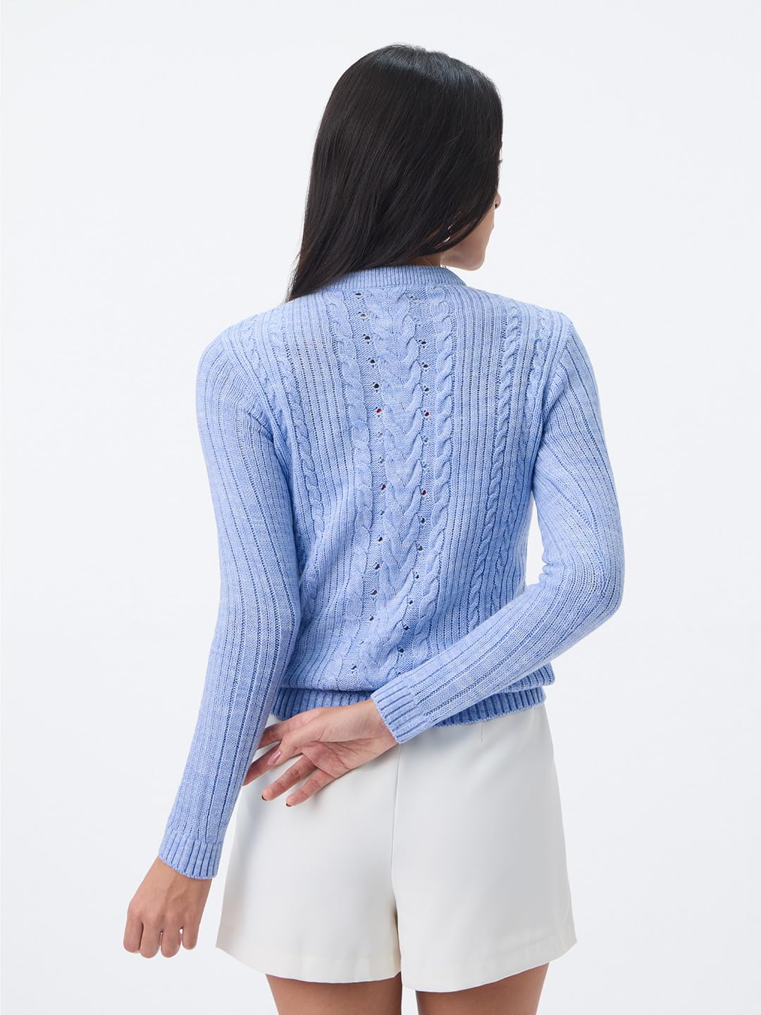 The Souled Store Cable-Knit Sweater: Periwinkle Women and Girls Full Sleeves Round Neck Light Blue Knitted Acrylic Regular Fit Ribbed Casual Lightweight Pullover Sweater