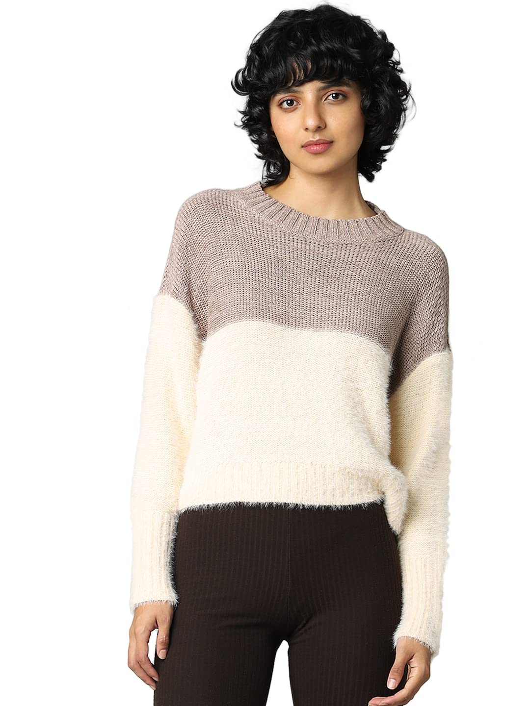 Only Women's Cotton Pullover Sweater (15293863-Mocha Meringue_Round Neck_XL) Brown