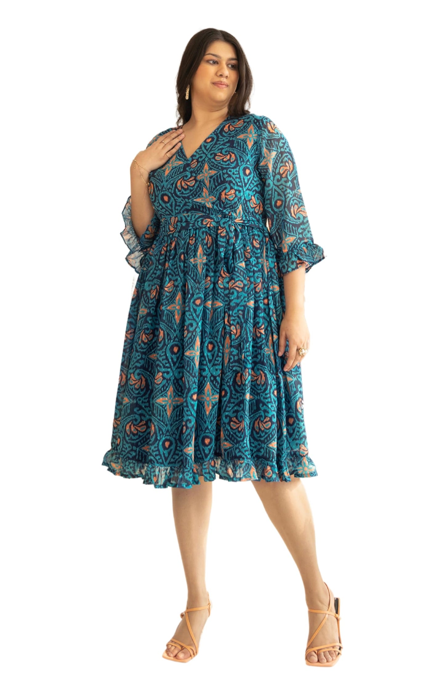 XL LOVE - By Janasya Women's Blue Dobby Georgette Ikat Printed Flared Dress(PJNE4336-DR-3XL)