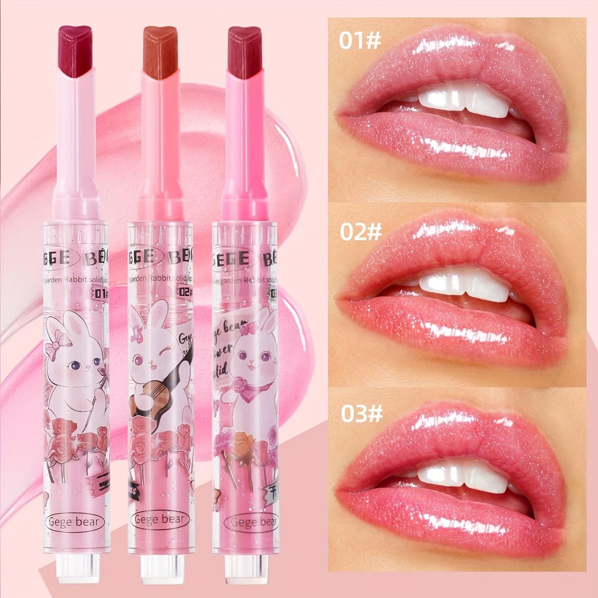 Gege Bear 3-in-1 Lip Gloss Set – Glossy Hydration, Heart-Shaped Design, and Rich Color in Every Click for Pout-Perfect Lips! (Set B - #4,#5,#6, Pack of 3)