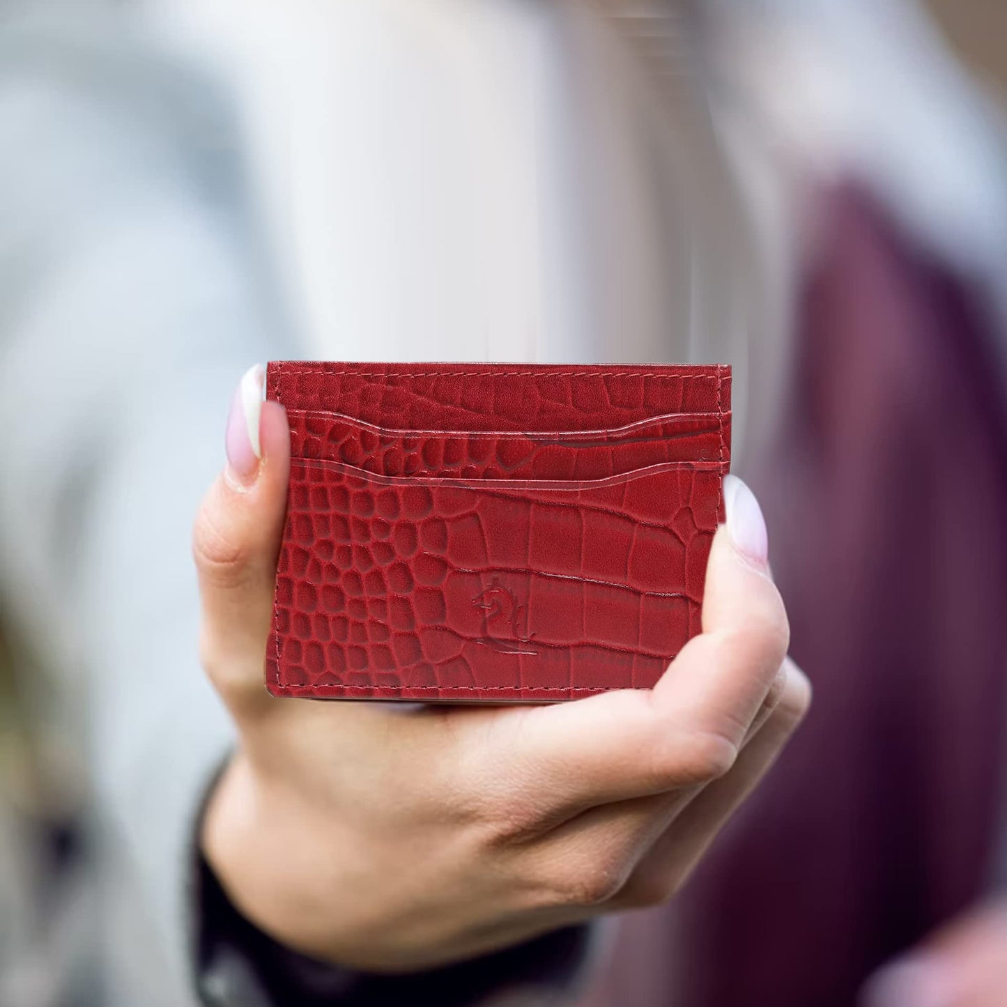 KARA Unisex Embossed Leather Card Holder Red Slim Credit/Debit Cardholder - ATM Card Cover Case wtih 5 Card Holder Slots