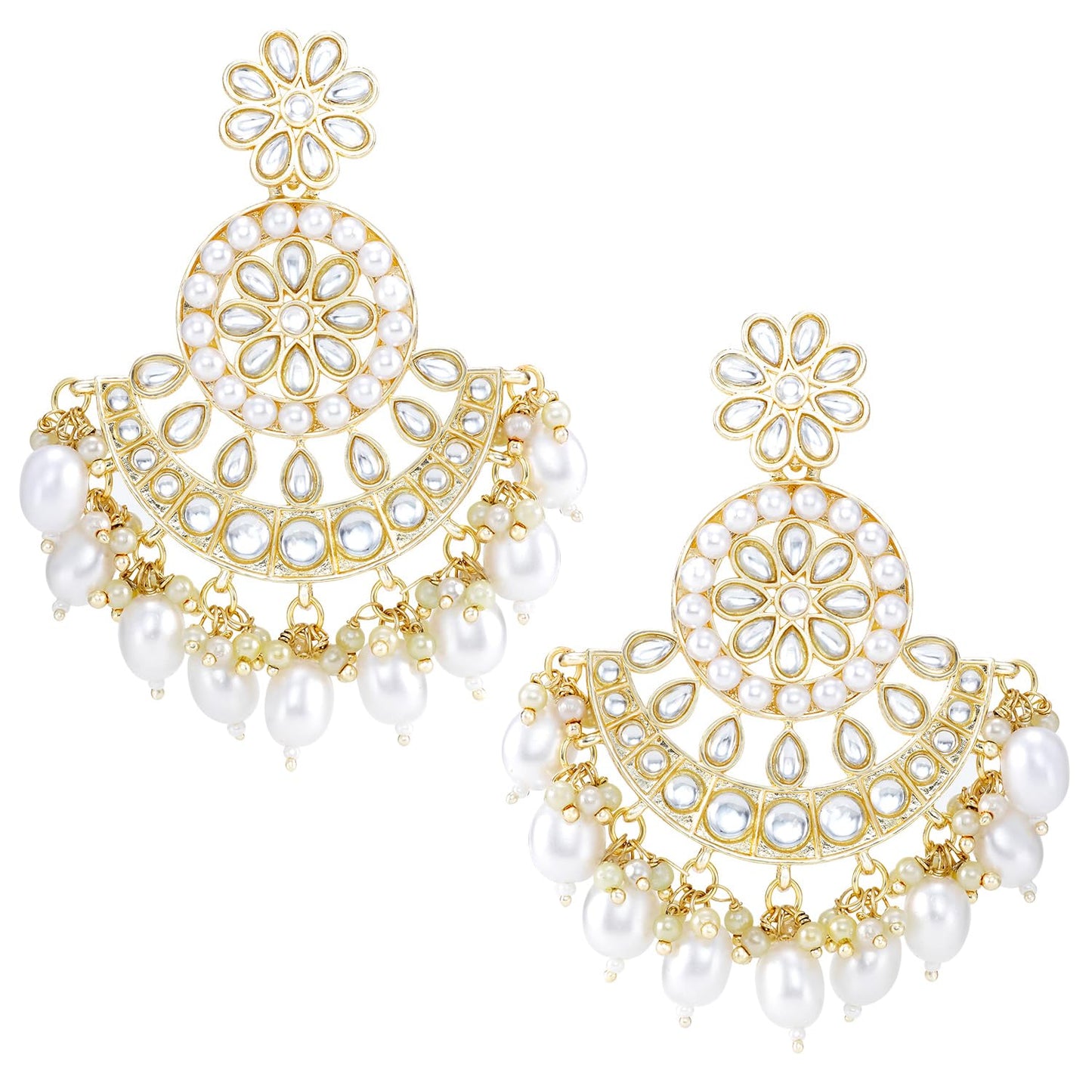 Peora Traditional Gold Plated White Kundan & Pearl Dangle Earrings & Maang Tikka Ethnic Stylish Jewellery Set Gifts for Women & Girls