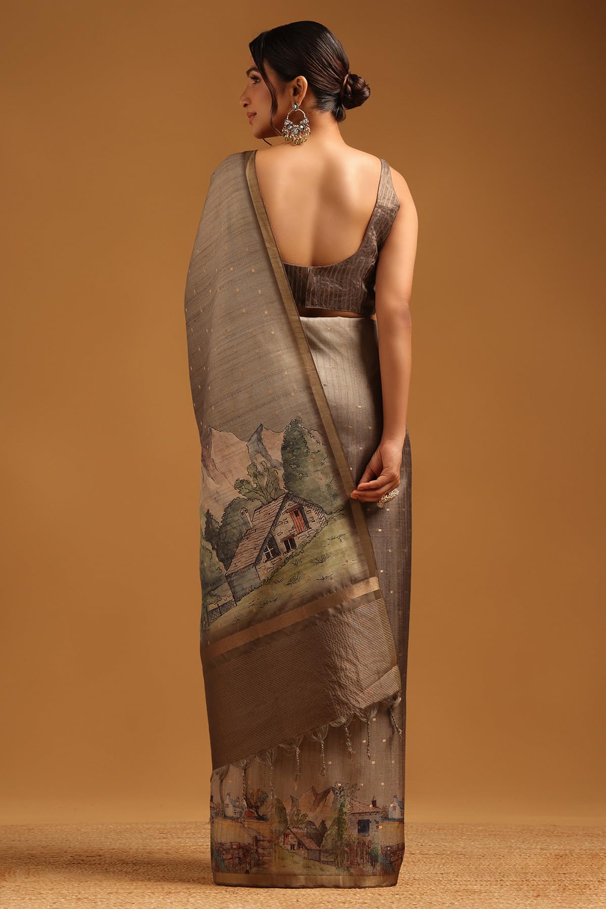 Soch Womens Olive Tussar Botanical Saree With Zari Woven