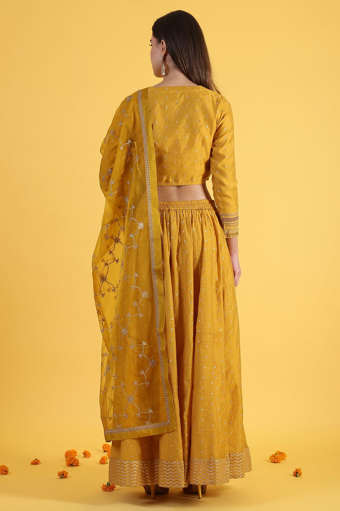 W for Woman Yellow Metallic Embroidery Crop Top & Skirt with Dupatta Set (Size: 3XL)-24AUWS31123-400772